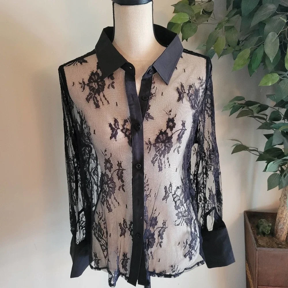 NEW Black Sheer Lace Button Up Blouse - Picture 6 of 8